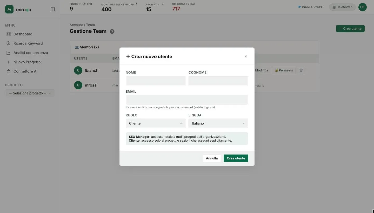 La finestra Crea nuovo utente: Nome, Cognome, Email con la nota sul link valido 3 giorni, Ruolo su Cliente, Lingua su Italiano, la spiegazione dei due ruoli e i pulsanti Annulla e Crea utente