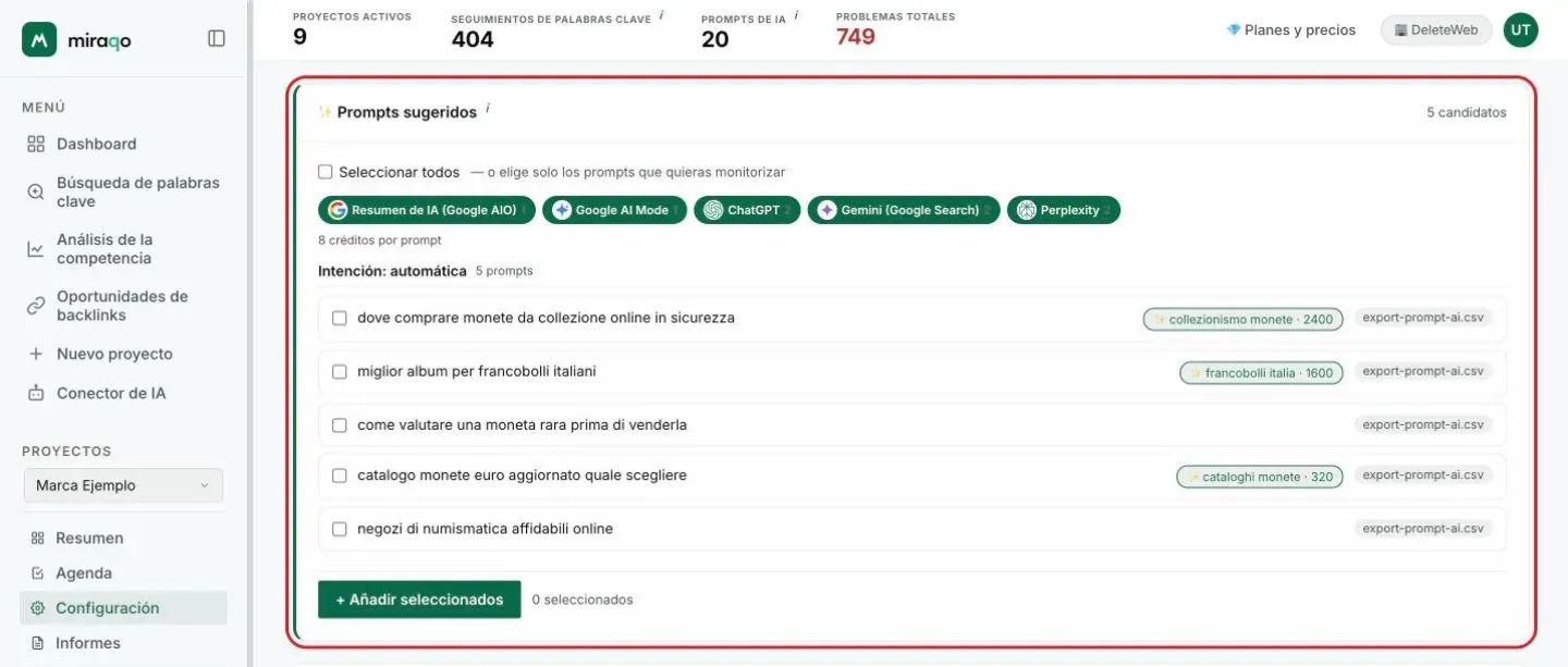 La tarjeta Prompts sugeridos resaltada tras la importación: Seleccionar todos, los cinco modelos con el coste de 8 créditos por prompt, los cinco prompts leídos del archivo con la etiqueta export-prompt-ai.csv y, en algunos, la insignia con keyword y volumen; al final el botón + Añadir seleccionados