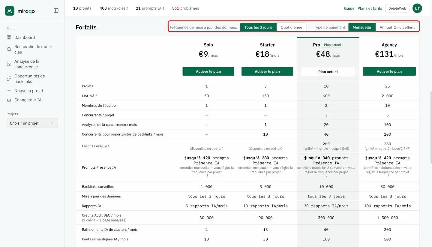 Mis en valeur, les sélecteurs Fréquence de mise à jour des données (Tous les 3 jours, Quotidienne) et Type de paiement (Mensuelle, Annuel avec 2 mois offerts) ; dessous, le tableau des plans Solo, Starter, Pro et Agency avec le prix mensuel, le bouton Activer le plan, le badge Plan actuel et une ligne pour chaque limite