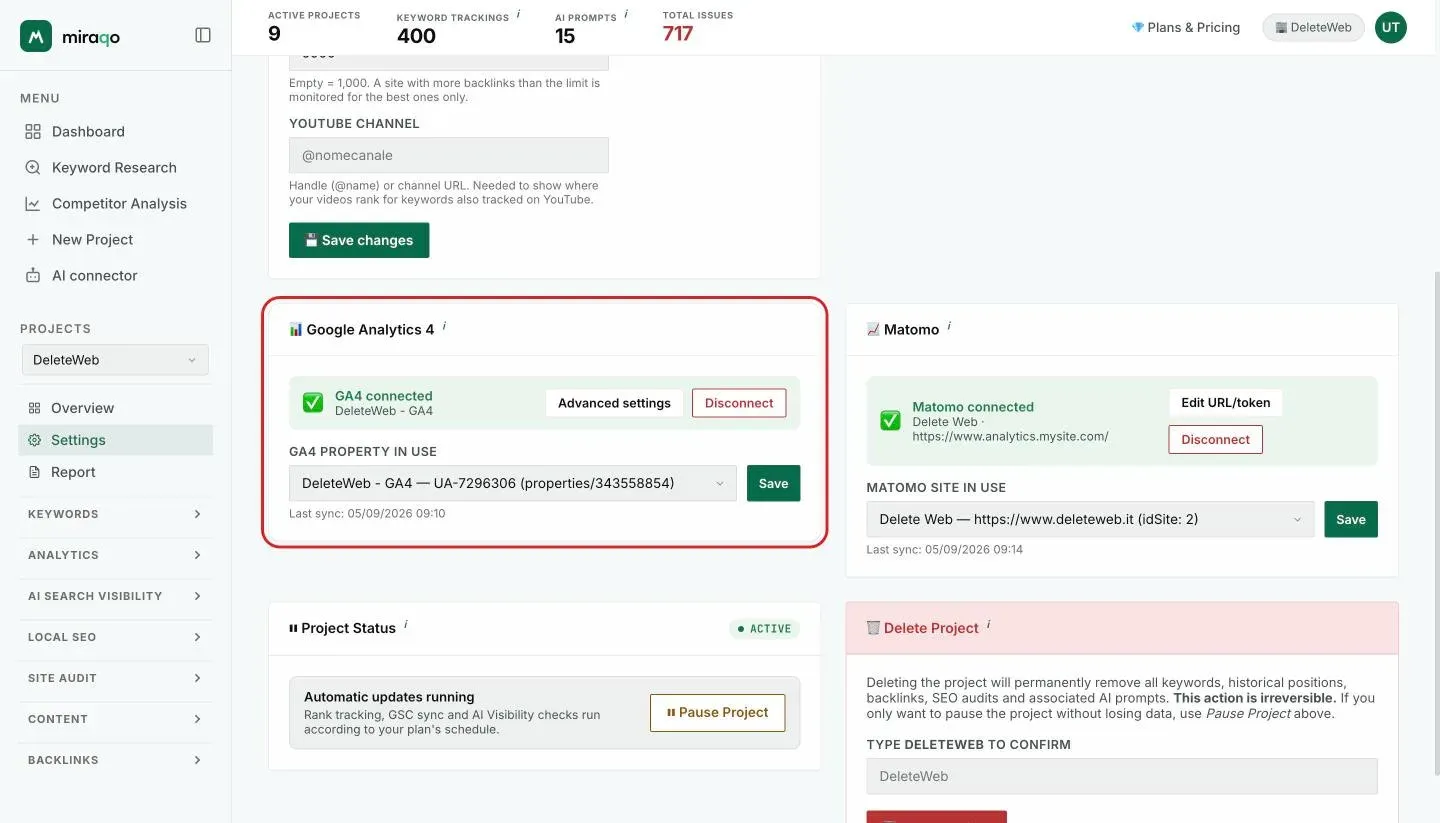 The Google Analytics 4 card, highlighted, and Matomo side by side in the authenticated state with no property or site selected: the yellow banner, the menu to choose the property or site, Save and Disconnect