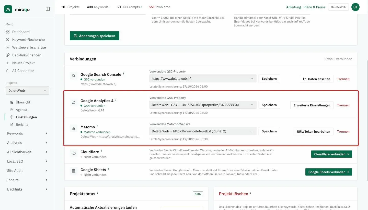 Die hervorgehobenen Zeilen Google Analytics 4 und Matomo der Karte Verbindungen, beide verbunden: die gewählte Property und Website mit Speichern, das Datum der letzten Synchronisierung, Erweiterte Einstellungen bzw. URL/Token bearbeiten und Trennen