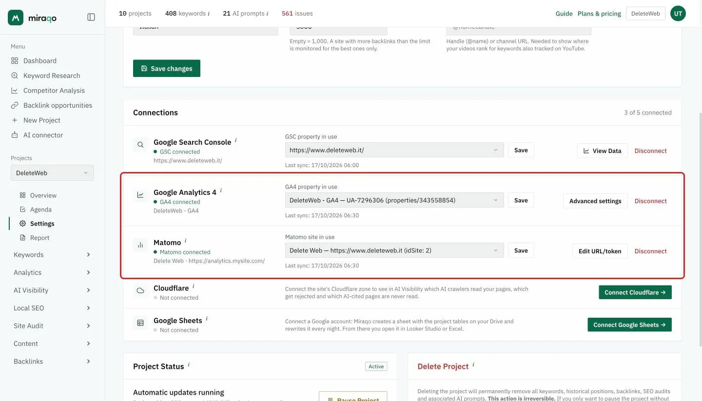 The Google Analytics 4 and Matomo rows of the Connections card, highlighted, both connected: the chosen property and site with Save, the date of the last sync, Advanced settings or Edit URL/token and Disconnect
