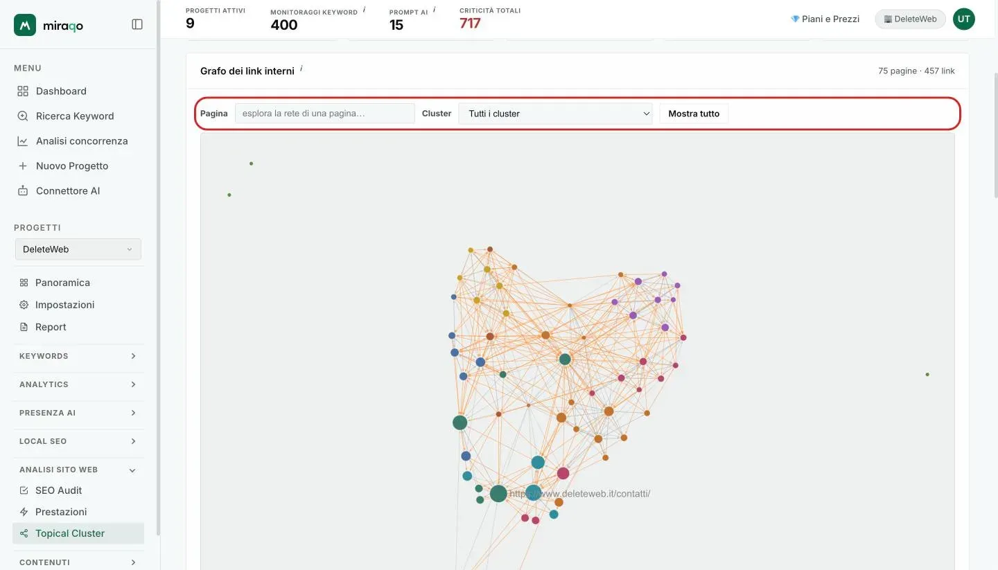 La card Grafo dei link interni: la barra con la casella Pagina, il menu Cluster e il pulsante Mostra tutto evidenziata, e sotto il grafo con i nodi colorati per cluster e gli archi dei link