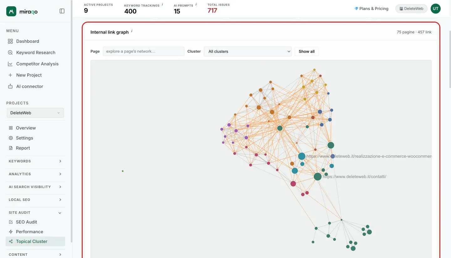 The Internal link graph card: the bar with the Page box, the Cluster menu and the highlighted Show all button, and below the graph with nodes coloured by cluster and the link edges