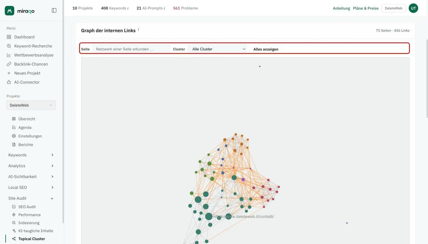 Die Karte Interner Link-Graph: die hervorgehobene Leiste mit dem Feld Seite, dem Menü Cluster und dem Button Alle anzeigen, und darunter der Graph mit den nach Cluster eingefärbten Knoten und den Kanten der Links