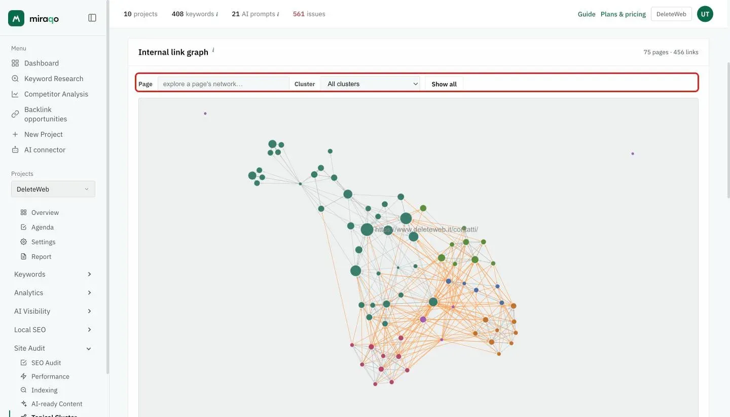 The Internal link graph card: the bar with the Page box, the Cluster menu and the highlighted Show all button, and below the graph with nodes coloured by cluster and the link edges