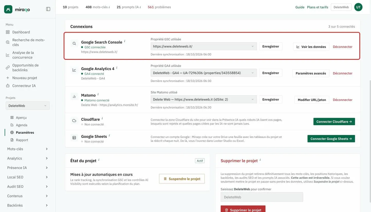 La ligne Google Search Console mise en valeur après la connexion : le statut GSC connectée avec la propriété, le menu Propriété GSC utilisée avec Enregistrer, la date de la dernière synchronisation et les boutons Voir les données et Déconnecter