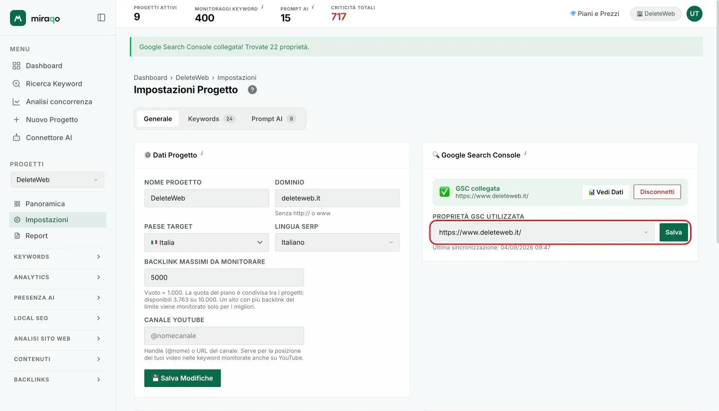 La stessa card dopo il collegamento: stato GSC collegata con la property, i bottoni Vedi Dati e Disconnetti, e il dropdown Proprietà GSC utilizzata con Salva evidenziato