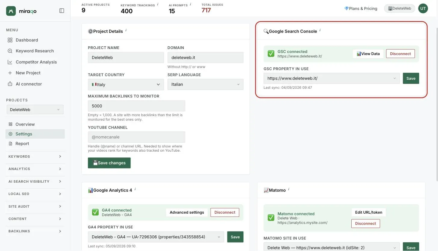 The same card after connecting: the GSC connected status with the property, the View Data and Disconnect buttons, and the highlighted GSC property used dropdown with Save