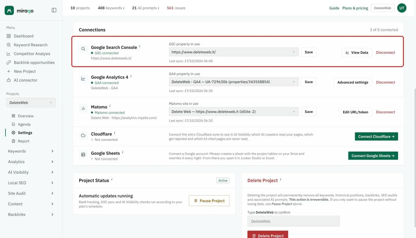 The highlighted Google Search Console row after connecting: the GSC connected status with the property, the GSC property in use menu with Save, the date of the last sync and the View Data and Disconnect buttons