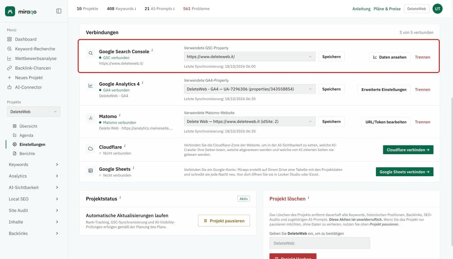 Die hervorgehobene Zeile Google Search Console nach der Verbindung: Status GSC verbunden mit der Property, das Menü Verwendete GSC-Property mit Speichern, das Datum der letzten Synchronisierung und die Buttons Daten ansehen und Trennen