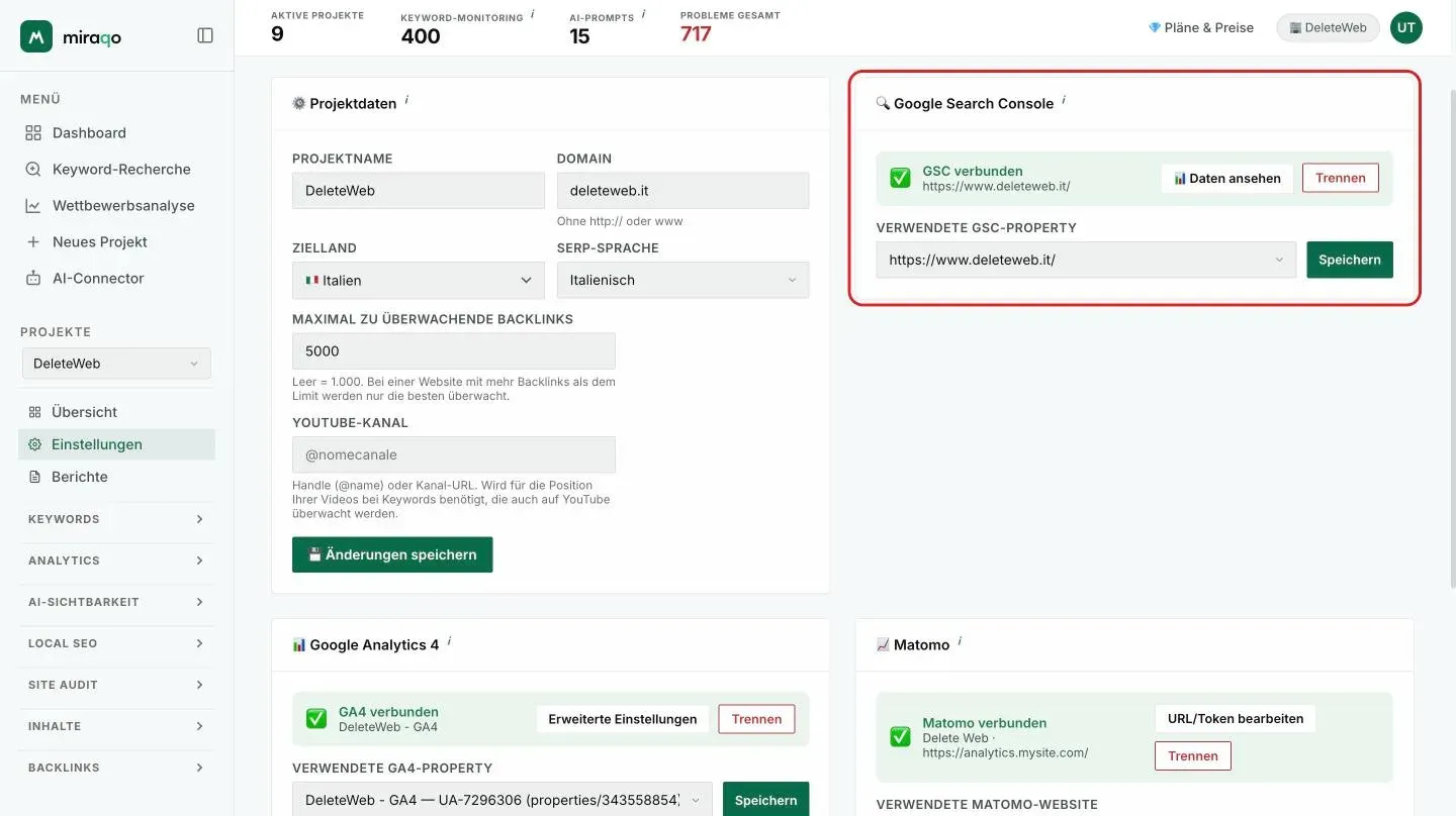 Dieselbe Karte nach der Verbindung: Status GSC verbunden mit der Property, die Buttons Daten ansehen und Trennen, und das hervorgehobene Dropdown Verwendete GSC-Property mit Speichern