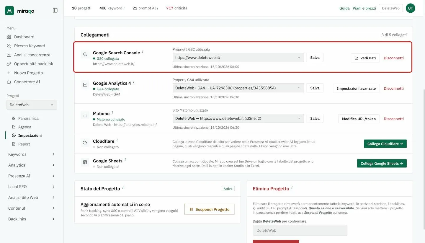 La riga Google Search Console evidenziata dopo il collegamento: stato GSC collegata con la property, il menu Proprietà GSC utilizzata con Salva, la data dell’ultima sincronizzazione e i bottoni Vedi Dati e Disconnetti