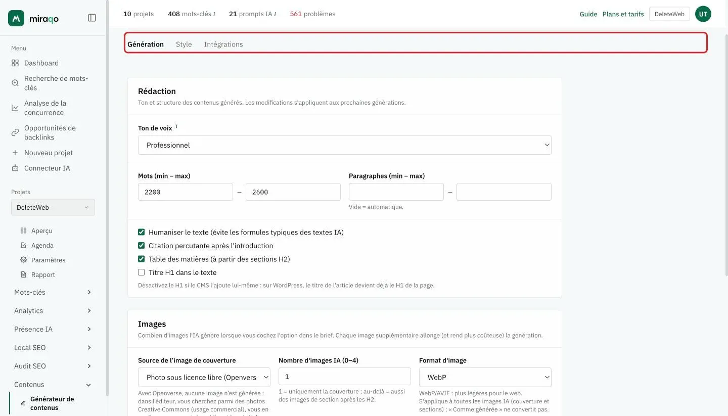 Les Paramètres de contenu, onglet Génération : les trois onglets mis en évidence en haut, la section Rédaction avec le ton de voix, les mots et paragraphes min–max et les cases humaniser, citation, sommaire et H1, puis la section Images avec la source de la couverture, le nombre d’images IA et le format