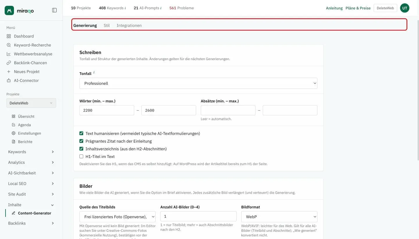 Die Inhaltseinstellungen, Tab Generierung: die drei hervorgehobenen Tabs oben, der Abschnitt Schreiben mit Tonfall, Wörtern und Absätzen min.–max. und den Kästchen Humanisieren, Zitat, Inhaltsverzeichnis und H1, dann der Abschnitt Bilder mit Quelle des Titelbilds, Anzahl AI-Bilder und Bildformat
