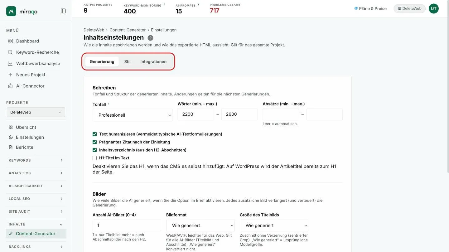 Die Content-Einstellungen, Tab Generierung: die drei hervorgehobenen Tabs oben, dann der Abschnitt Schreiben mit Tonalität, Wörtern und Absätzen, den Kästchen Humanize, Zitat, Inhaltsverzeichnis und H1, und der Abschnitt Bilder