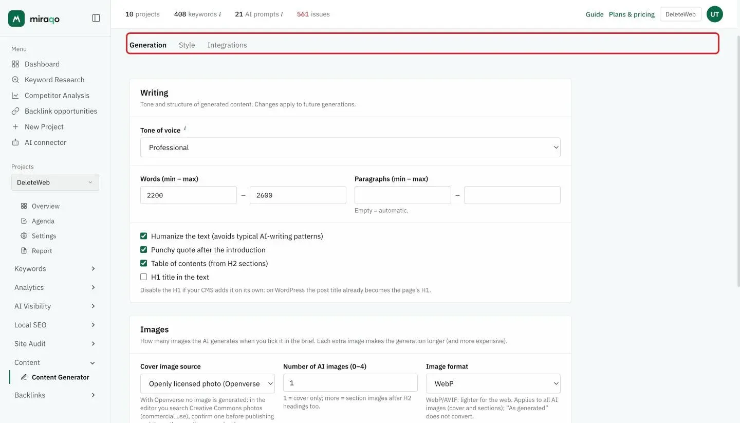 The Content settings, Generation tab: the three tabs highlighted at the top, the Writing section with tone of voice, min–max words and paragraphs and the humanize, citation, table of contents and H1 checkboxes, then the Images section with cover source, number of AI images and format