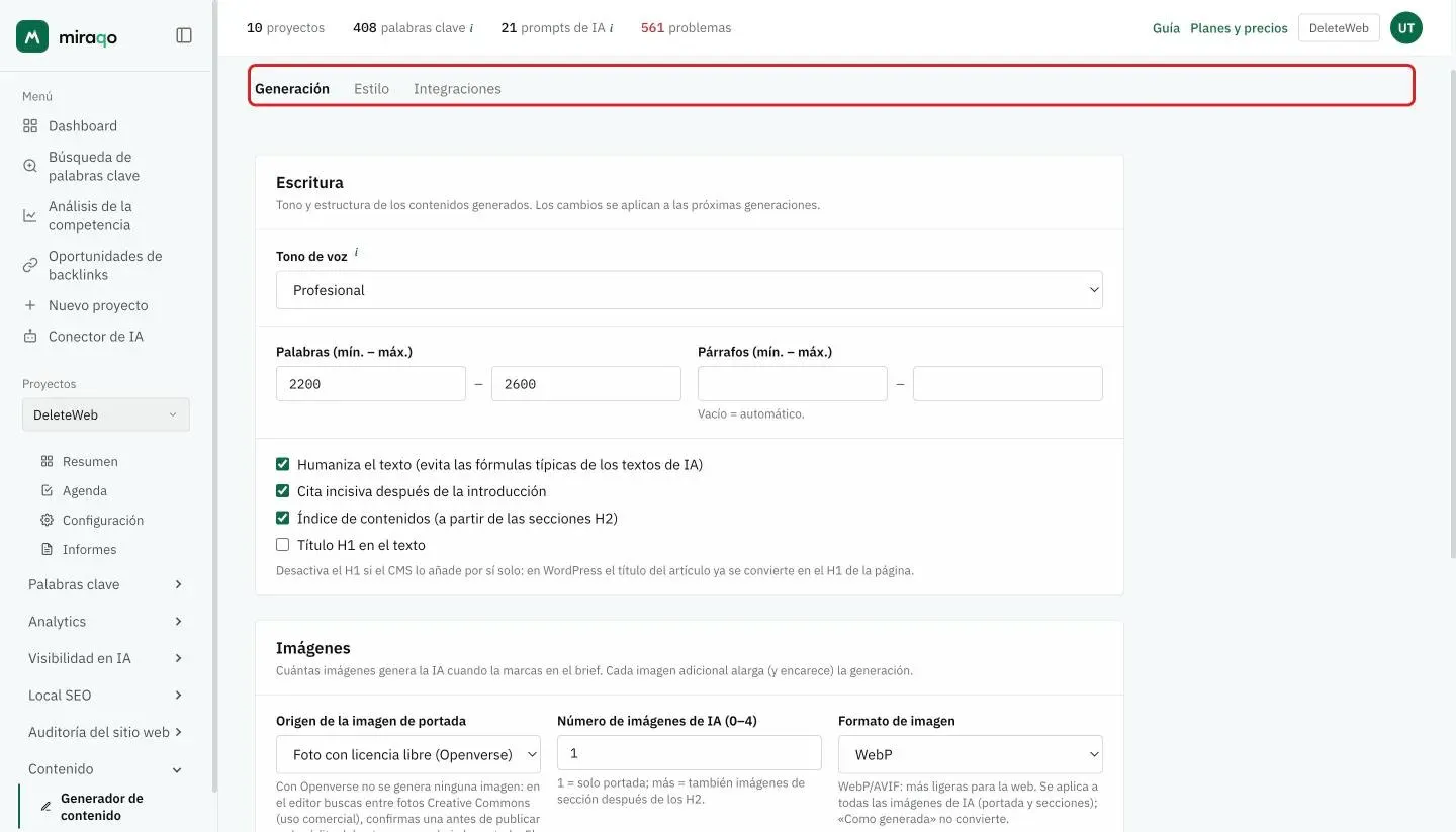 La Configuración de contenido, pestaña Generación: las tres pestañas resaltadas arriba, la sección Redacción con tono de voz, palabras y párrafos mín.–máx. y las casillas humanizar, cita, índice y H1, luego la sección Imágenes con fuente de la portada, número de imágenes con IA y formato