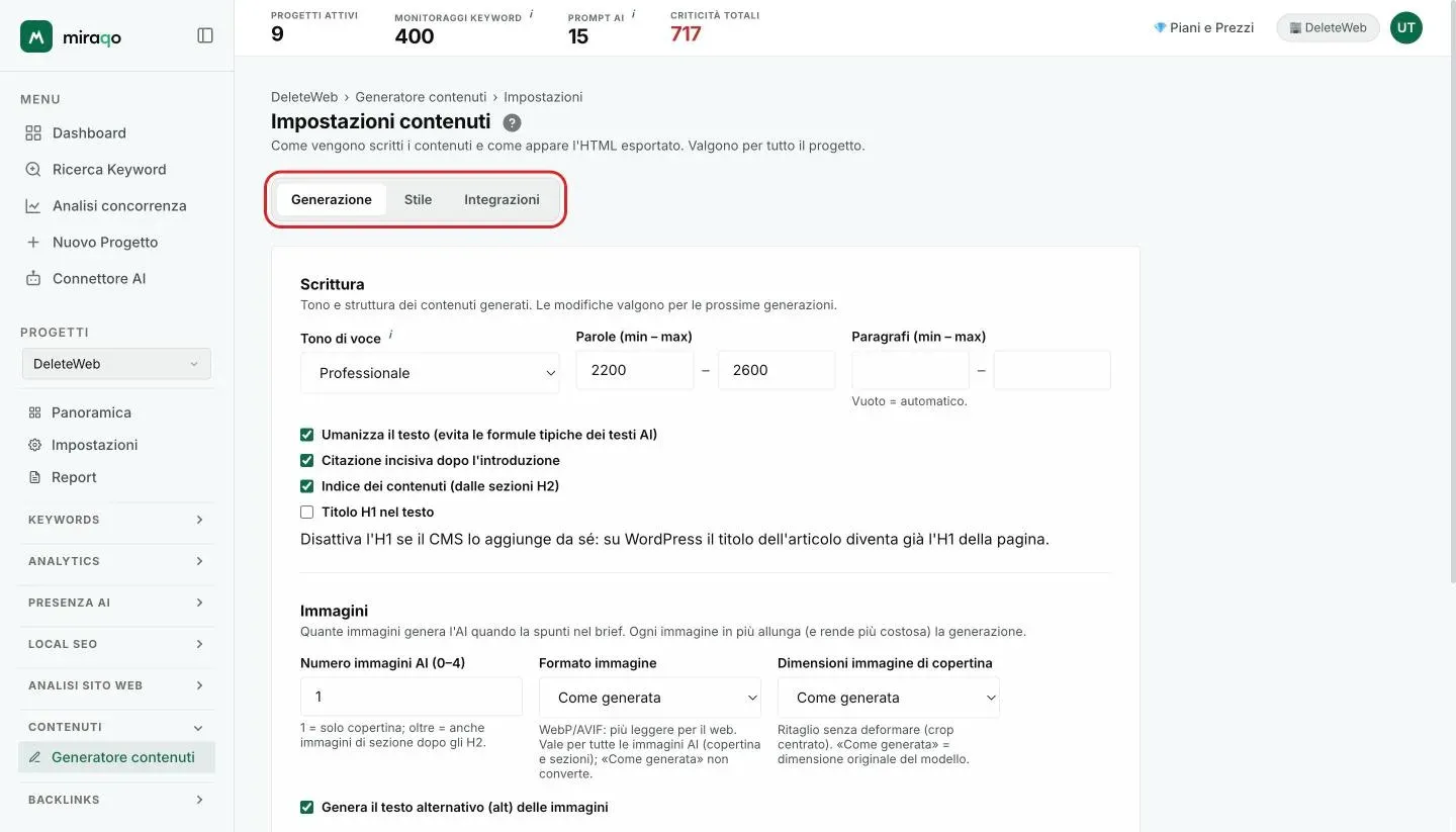 Le Impostazioni contenuti, tab Generazione: i tre tab evidenziati in alto, poi la sezione Scrittura con tono di voce, parole e paragrafi, le caselle umanizza, citazione, indice e H1, e la sezione Immagini