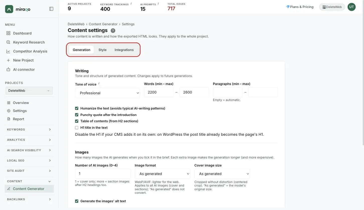 The Content settings, Generation tab: the three tabs highlighted at the top, then the Writing section with tone of voice, words and paragraphs, the humanize, citation, table of contents and H1 checkboxes, and the Images section