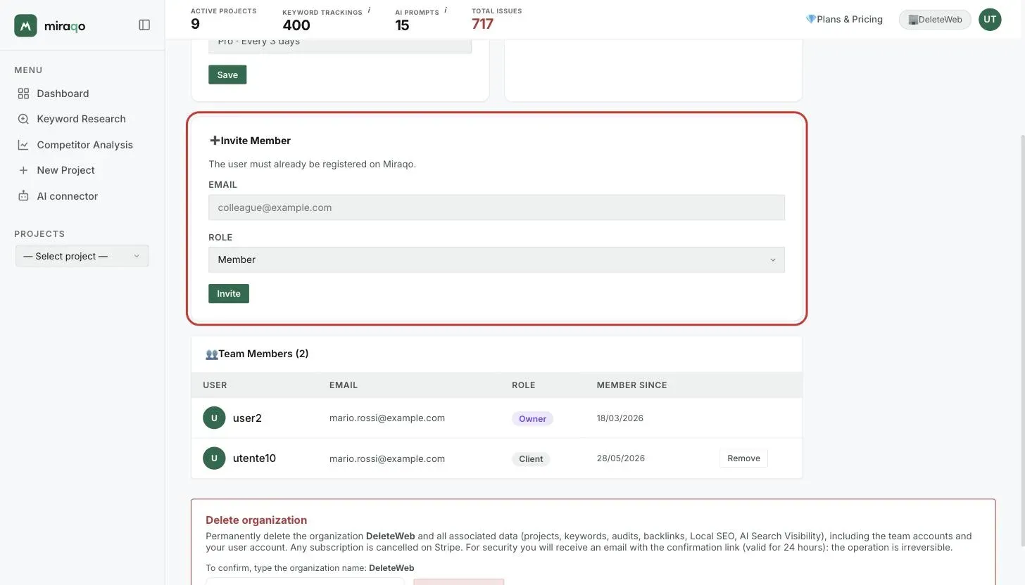 The Invite Member card, highlighted: the Email field, the Role menu set to Member and the Invite button