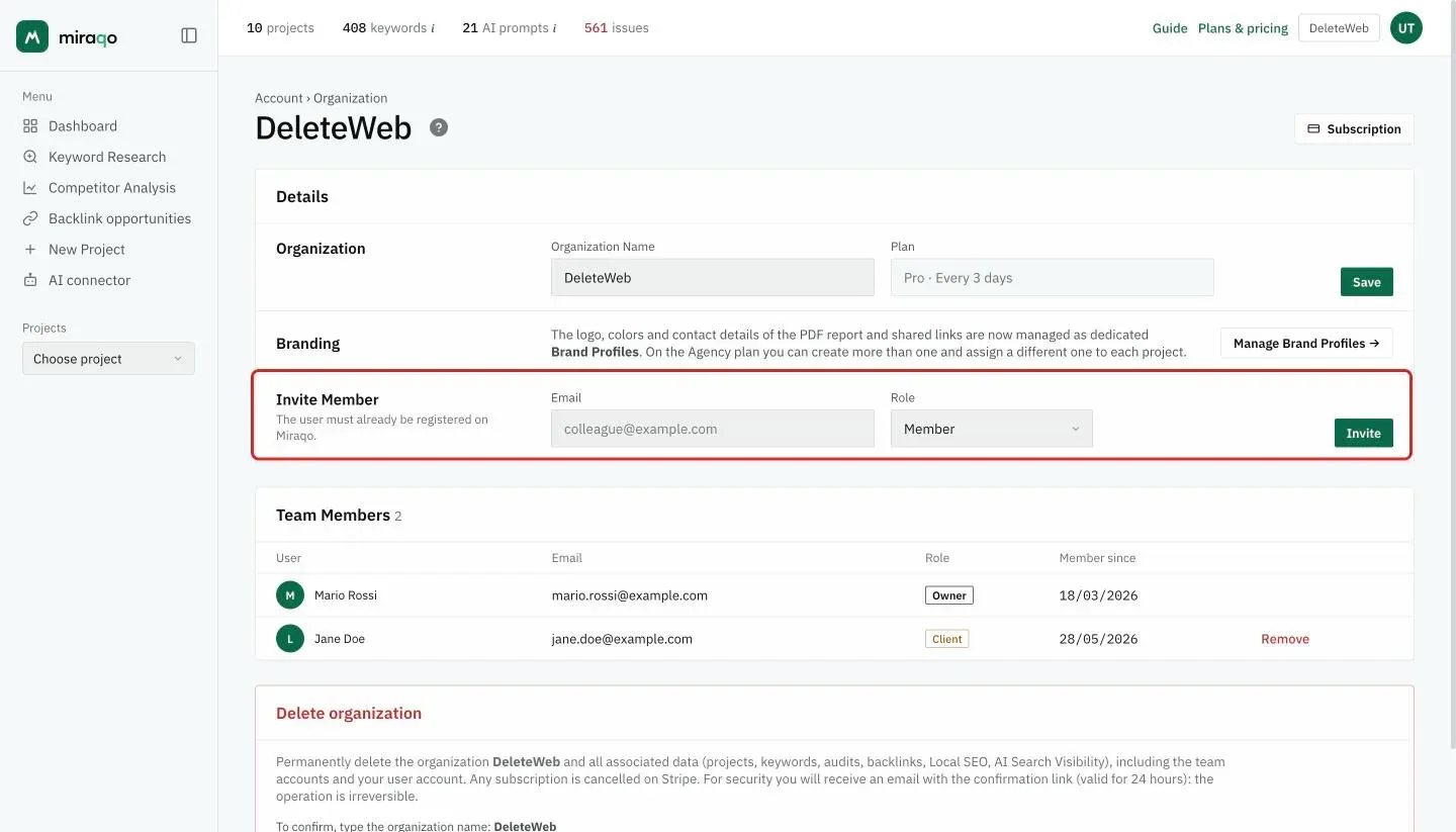 The Invite Member row, highlighted: the Email field, the Role menu set to Member and the Invite button