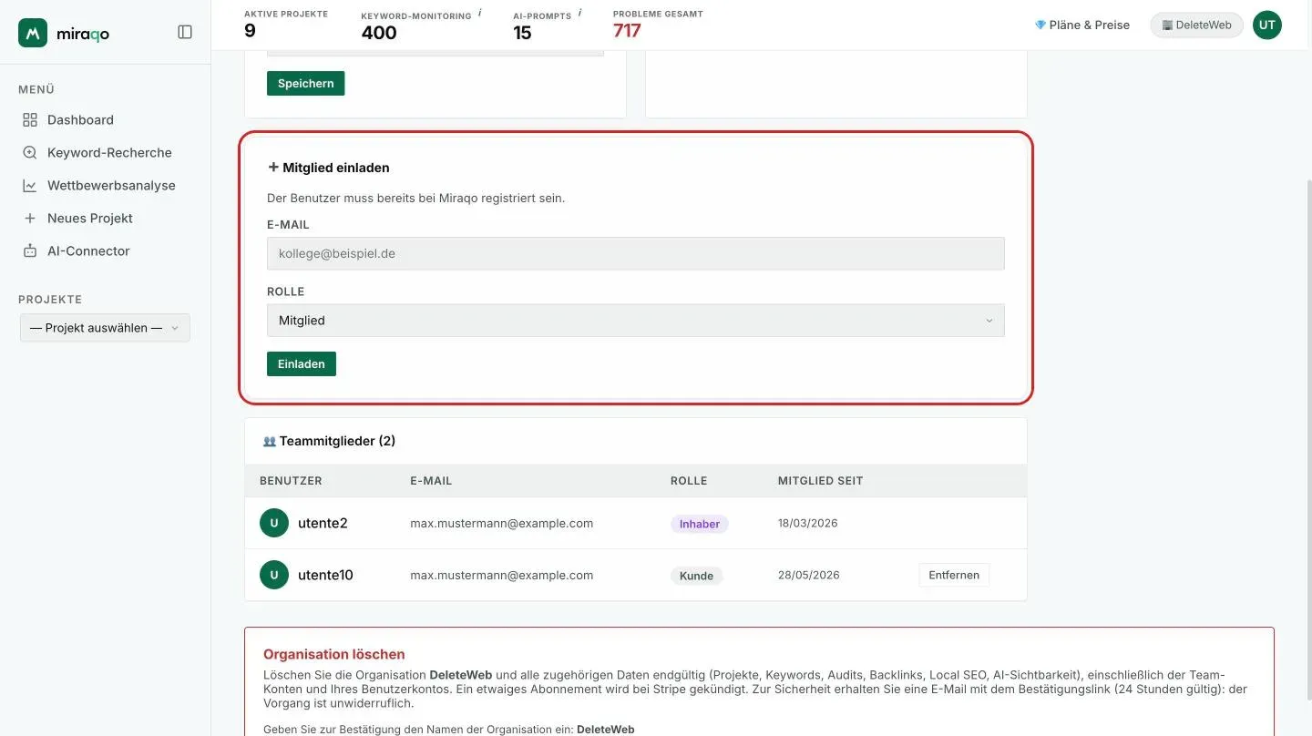 Die hervorgehobene Karte Mitglied einladen: das Feld E-Mail, das Menü Rolle auf Mitglied und der Button Einladen