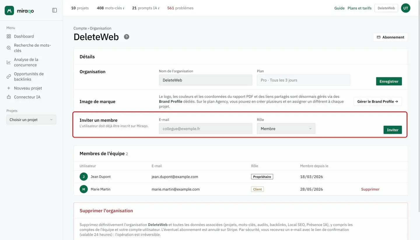 La ligne Inviter un membre mise en évidence : le champ E-mail, le menu Rôle sur Membre et le bouton Inviter