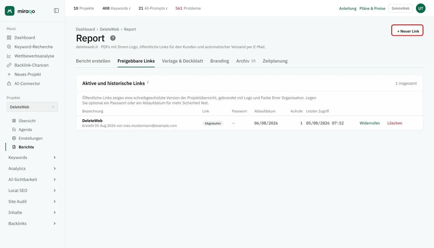 Der Tab Freigebbare Links: die Tabelle Aktive und historische Links mit Bezeichnung, Status des Links (hier Abgelaufen), Passwort, Ablaufdatum, Aufrufen, letztem Zugriff und den Aktionen Widerrufen und Löschen, und oben rechts der hervorgehobene Button + Neuer Link
