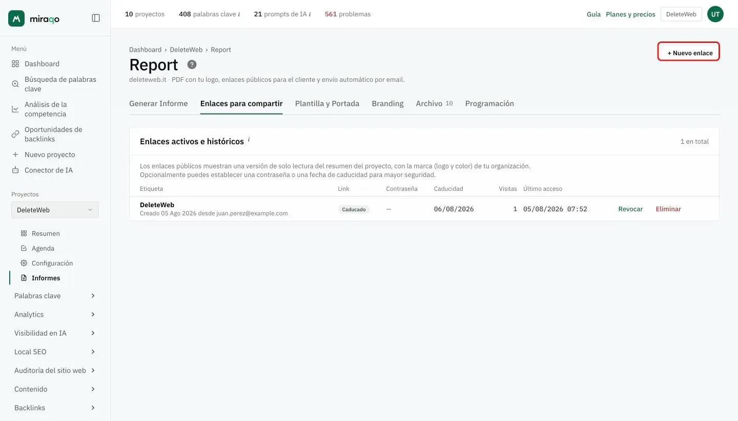 La pestaña Enlaces para compartir: la tabla Enlaces activos e históricos con etiqueta, estado del enlace (aquí Caducado), contraseña, caducidad, visitas, último acceso y las acciones Revocar y Eliminar, y arriba a la derecha el botón + Nuevo enlace resaltado