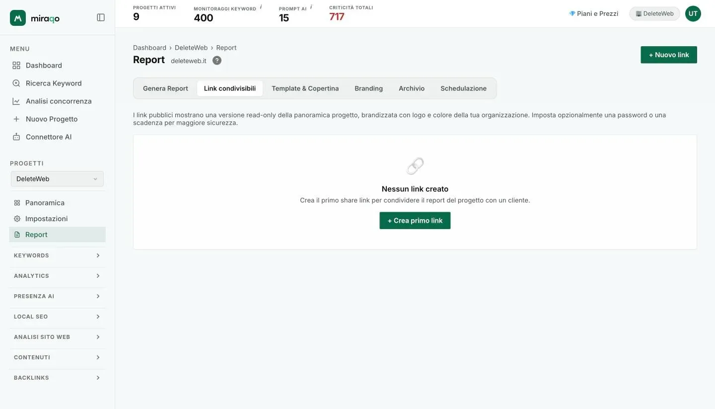 Il tab Link condivisibili senza link creati: la spiegazione, lo stato vuoto con Crea primo link e in alto a destra il pulsante + Nuovo link
