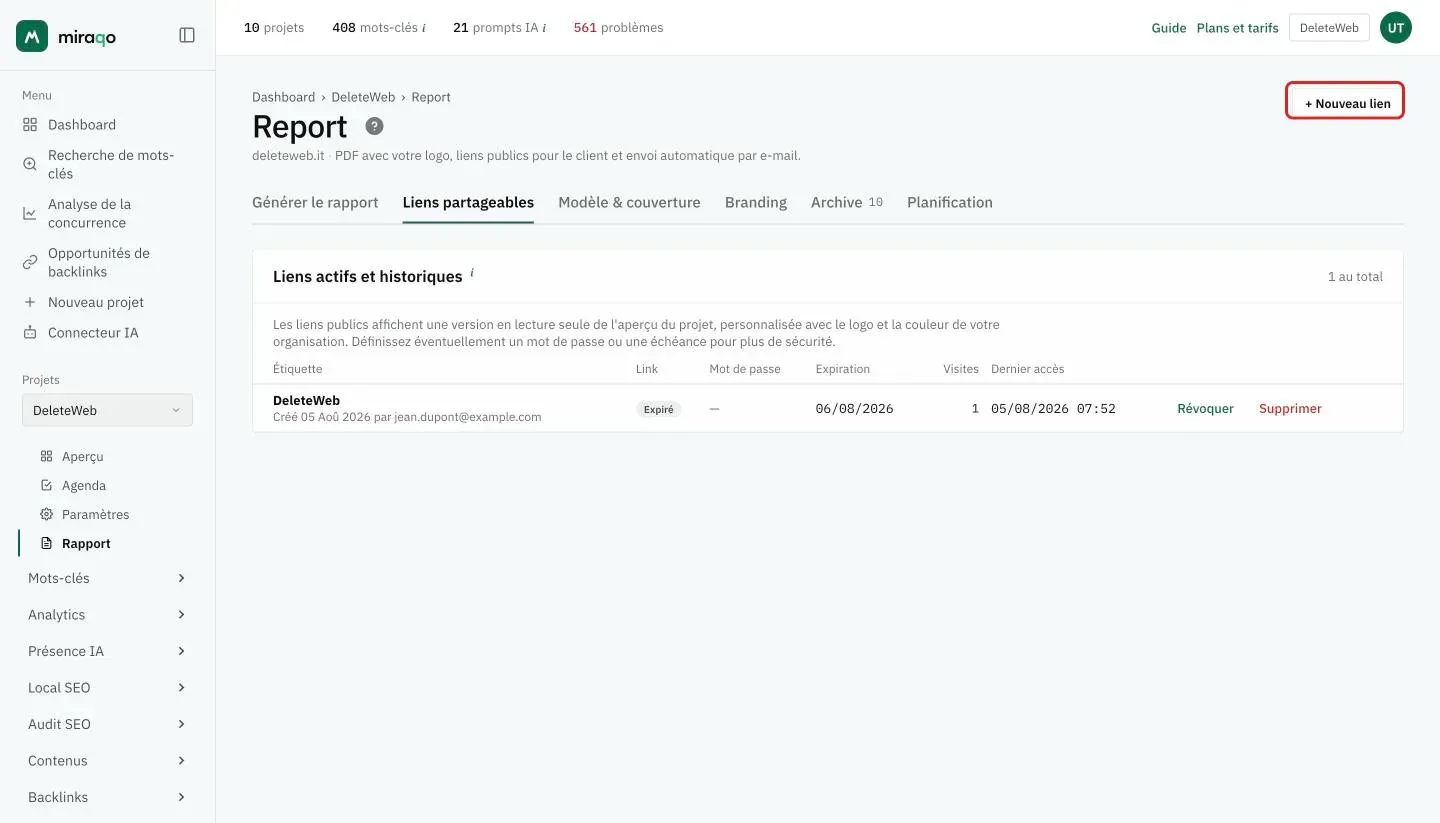 L’onglet Liens partageables : le tableau Liens actifs et historiques avec libellé, statut du lien (ici Expiré), mot de passe, expiration, visites, dernier accès et les actions Révoquer et Supprimer, et en haut à droite le bouton + Nouveau lien mis en évidence