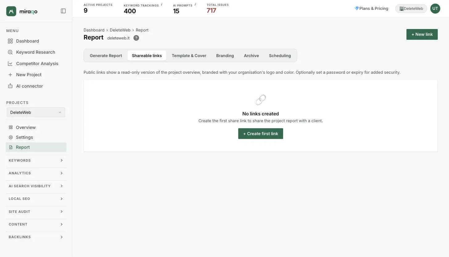 The Shareable links tab with no links created: the explanation, the empty state with Create first link and, in the top right, the + New link button