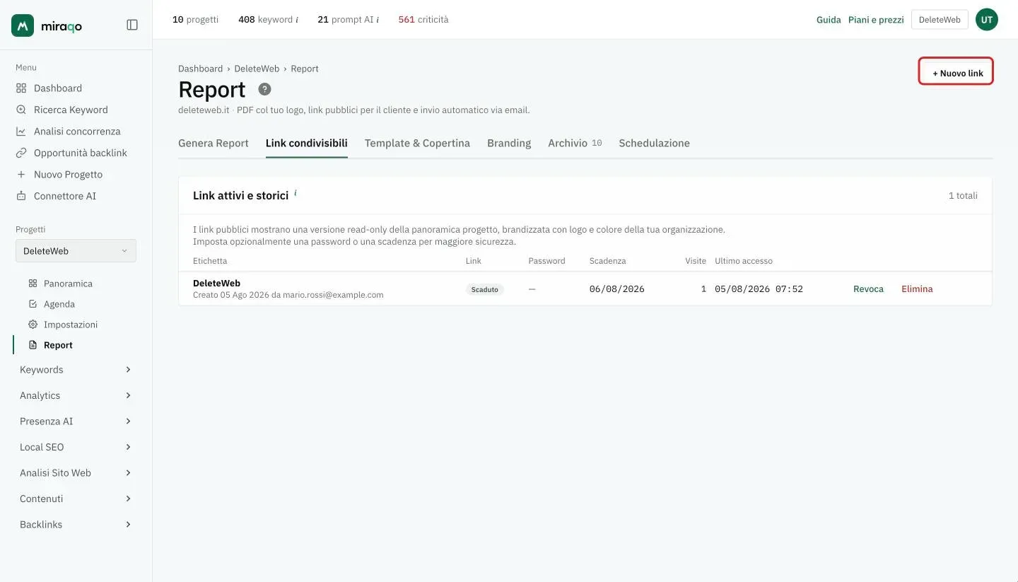 La scheda Link condivisibili: la tabella Link attivi e storici con etichetta, stato del link (qui Scaduto), password, scadenza, visite, ultimo accesso e le azioni Revoca ed Elimina, e in alto a destra il pulsante + Nuovo link evidenziato