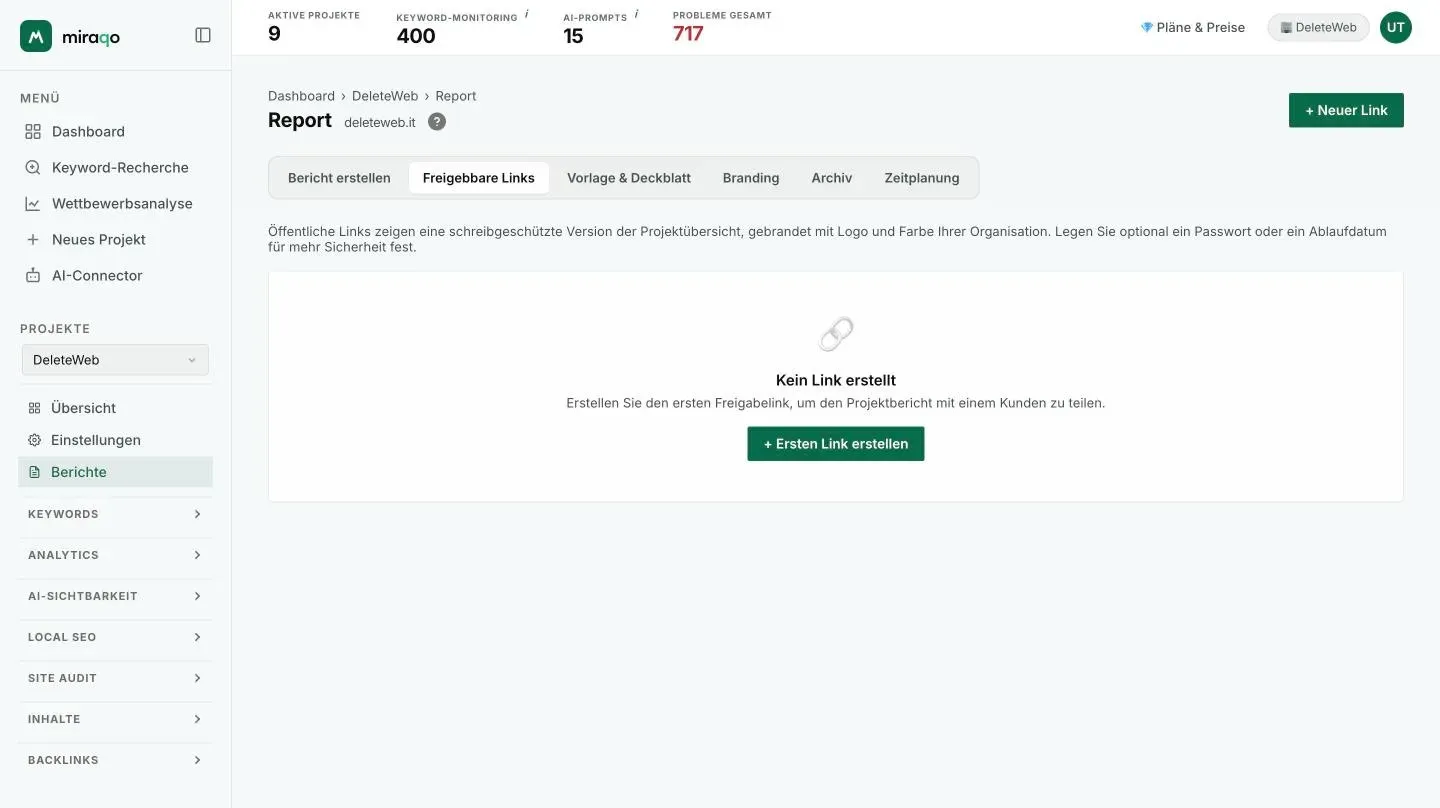 Der Tab Freigabelinks ohne erstellte Links: die Erklärung, der leere Zustand mit Ersten Link erstellen und oben rechts der Button + Neuer Link