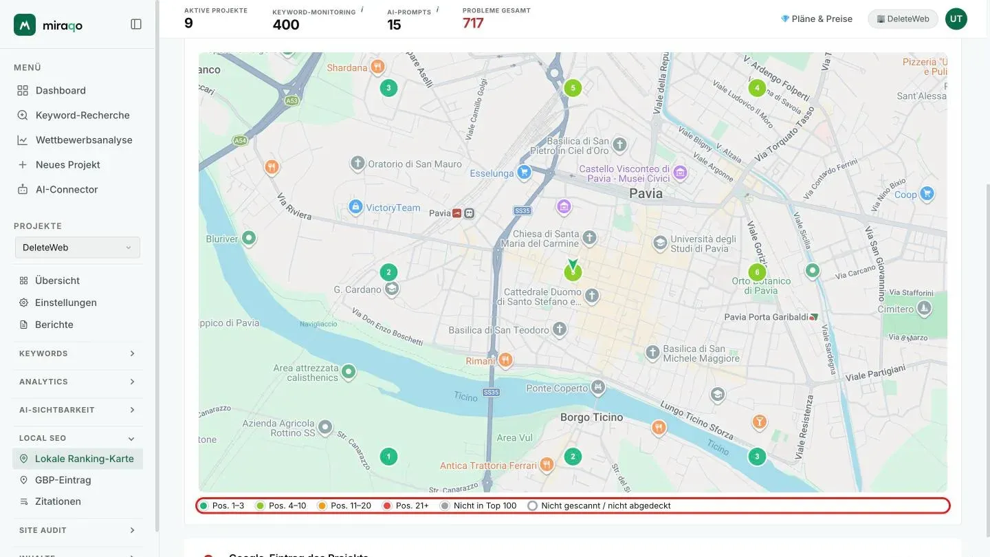 Die Google-Karte mit dem 3×3-Grid: der zentrale Pfeil-Marker und die neun grünen, nummerierten Kreise mit der Position an jedem Punkt; unter der Karte die hervorgehobene Farblegende