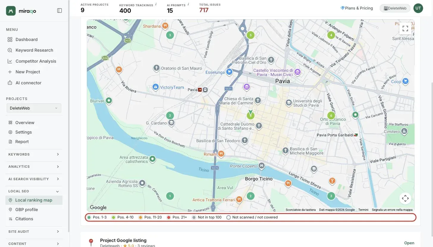 The Google map with the 3×3 grid: the central arrow marker and the nine numbered green circles with the position at each point; below the map, the highlighted colour legend