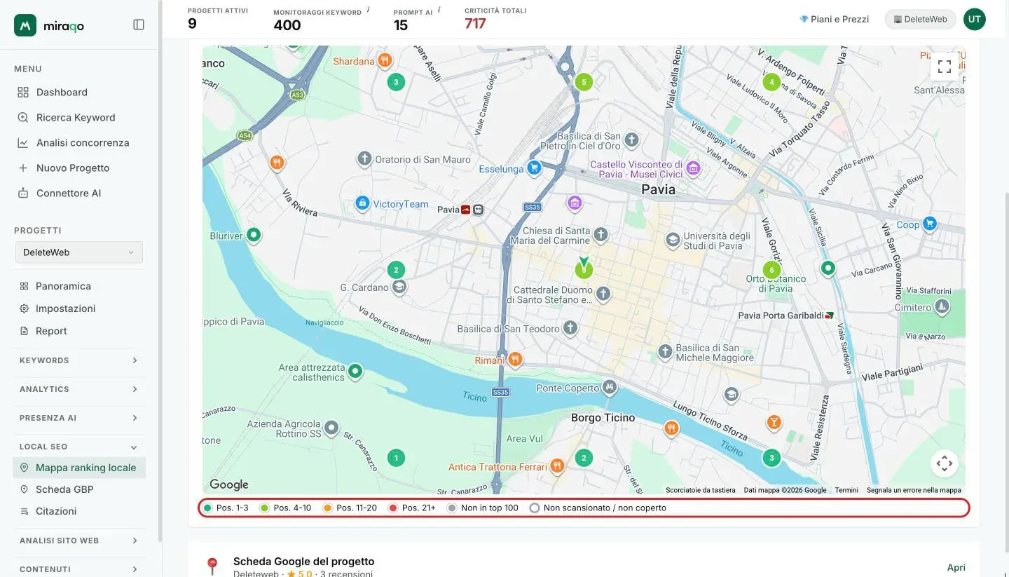 La mappa Google con la griglia 3×3: il marker centrale a freccia e i nove cerchi verdi numerati con la posizione su ogni punto; sotto la mappa la legenda dei colori evidenziata