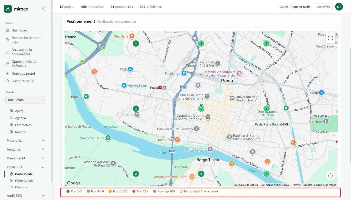 La carte Positionnement : la carte Google avec le marqueur flèche central et les neuf cercles verts numérotés avec la position sur chaque point ; dessous, la légende des couleurs mise en évidence