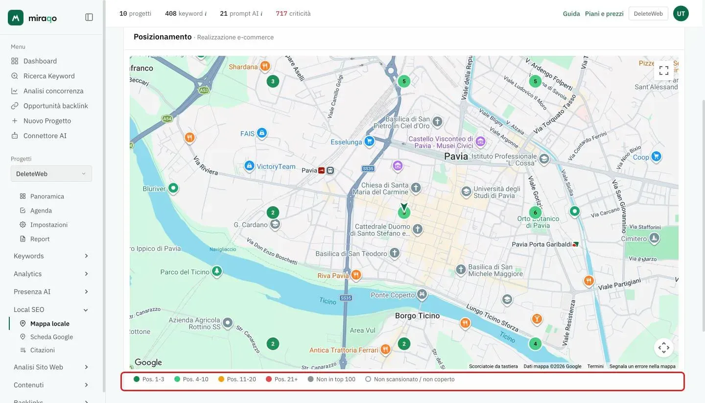 La card Posizionamento: la mappa Google con il marker centrale a freccia e i nove cerchi verdi numerati con la posizione su ogni punto; sotto, la legenda dei colori evidenziata