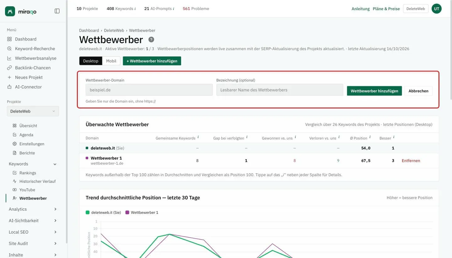 Der hervorgehobene Bereich zum Hinzufügen eines Wettbewerbers: das Feld Wettbewerber-Domain, das Feld Bezeichnung (optional) und die Buttons Wettbewerber hinzufügen und Abbrechen