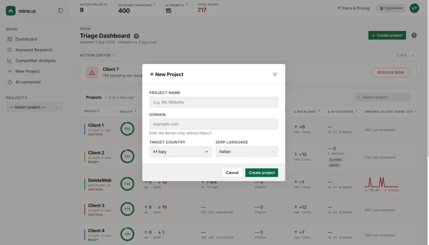 The New Project window: the Project name, Domain, Target country and Search language fields, with the Create Project button in the bottom right