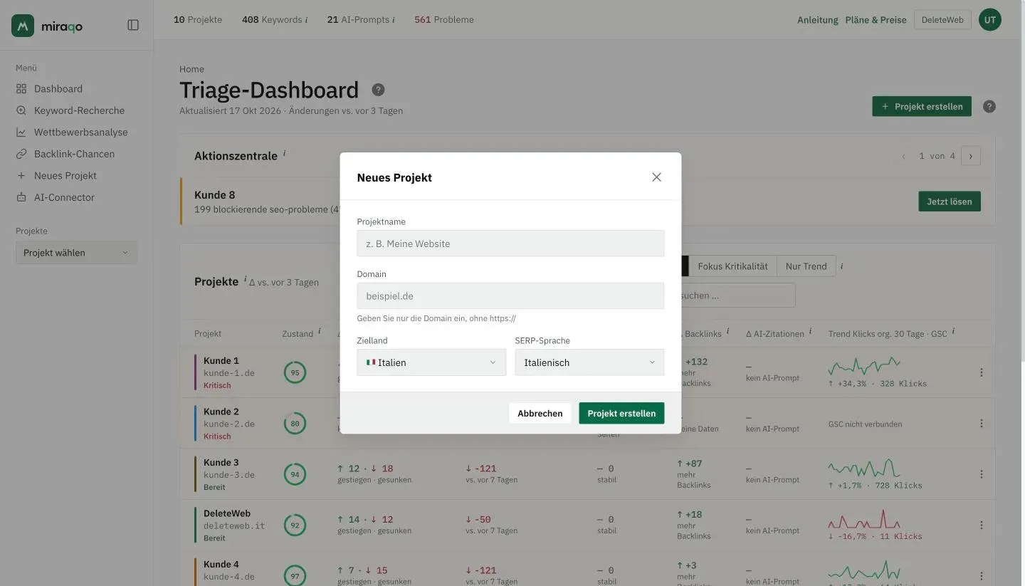 Das Fenster Neues Projekt: die Felder Projektname, Domain, Zielland und SERP-Sprache, mit dem Button Projekt erstellen unten rechts