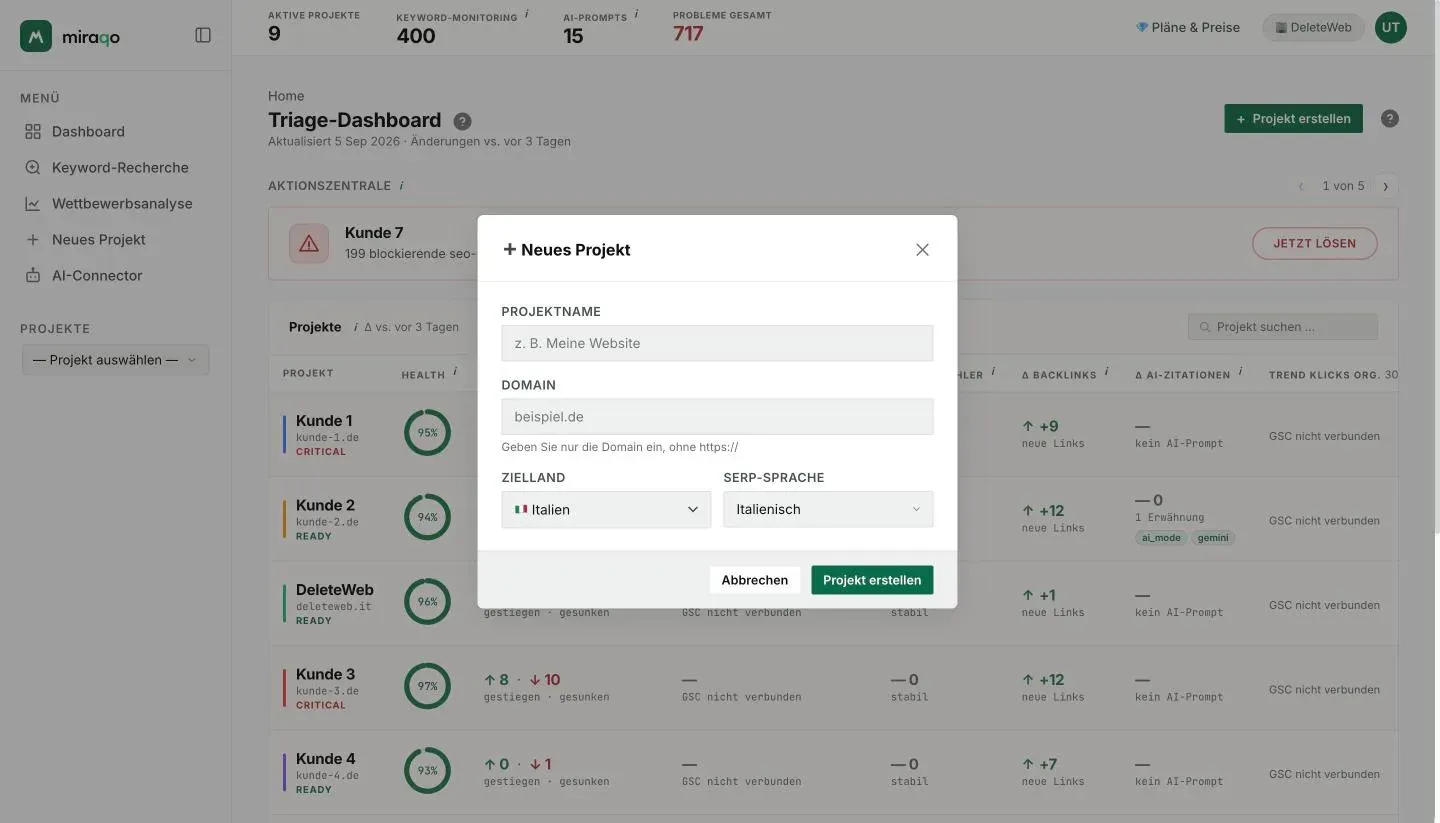 Das Fenster Neues Projekt: die Felder Projektname, Domain, Zielland und Suchsprache, mit dem Button Projekt erstellen unten rechts