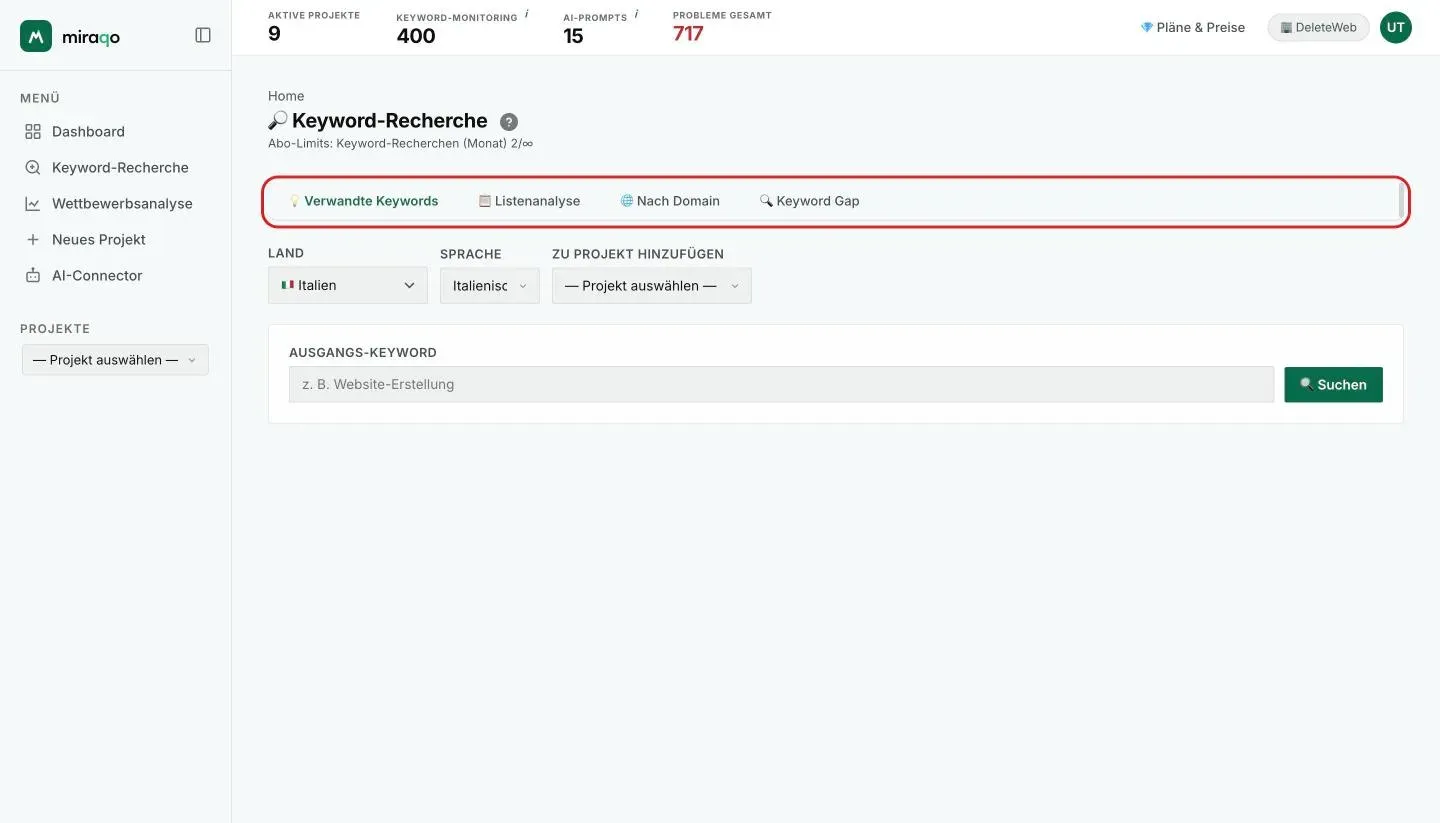 Die hervorgehobene Modus-Leiste: Verwandte Keywords, Listenanalyse, Nach Domain, Keyword Gap