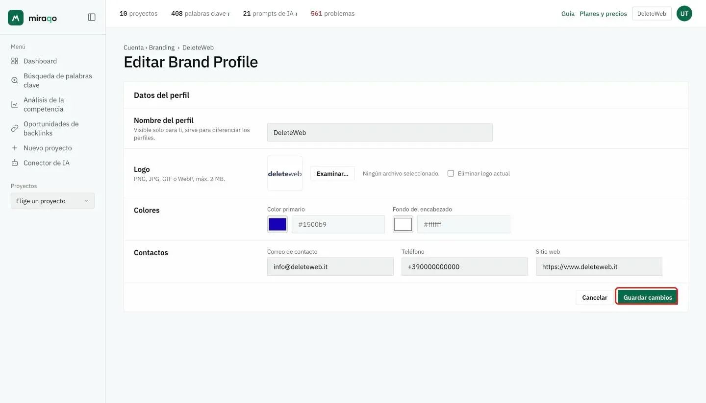 El formulario Editar Brand Profile: Nombre del perfil, Logo con Examinar y Eliminar logo actual, Color primario y Fondo del encabezado con el selector de color y el código hex, Correo de contacto, Teléfono y Sitio web, y abajo Guardar cambios resaltado