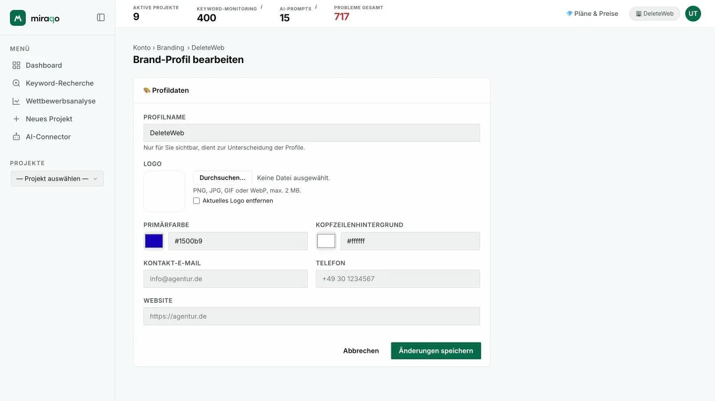 Das Formular Brand-Profil bearbeiten: Profilname, Logo mit Durchsuchen und Aktuelles Logo entfernen, Primärfarbe und Header-Hintergrund mit Farbwähler und Hex-Code, Kontakt-E-Mail, Telefon, Website und Änderungen speichern