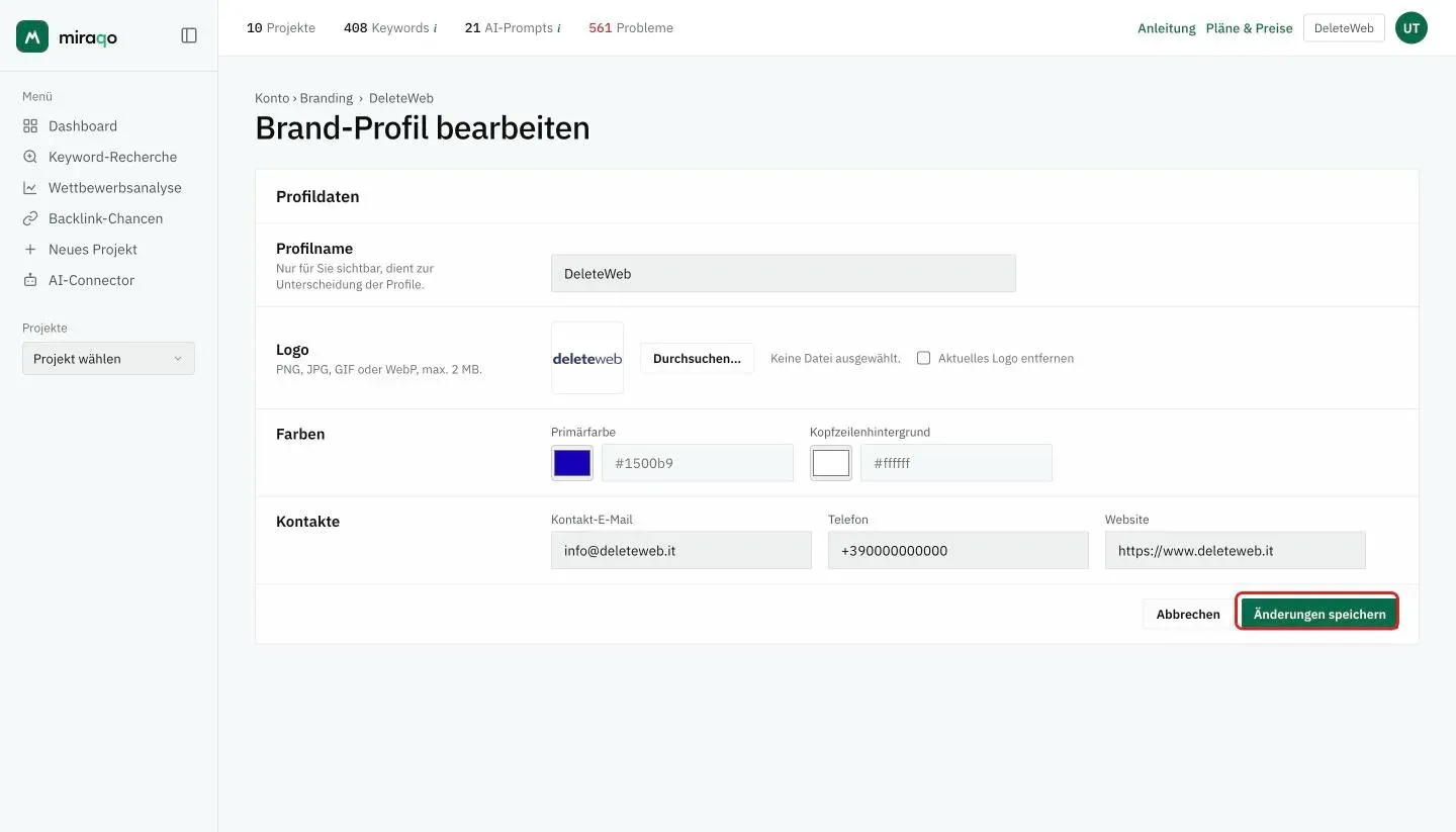 Das Formular Brand-Profil bearbeiten: Profilname, Logo mit Durchsuchen und Aktuelles Logo entfernen, Primärfarbe und Kopfzeilenhintergrund mit Farbwähler und Hex-Code, Kontakt-E-Mail, Telefon und Website, und unten hervorgehoben Änderungen speichern