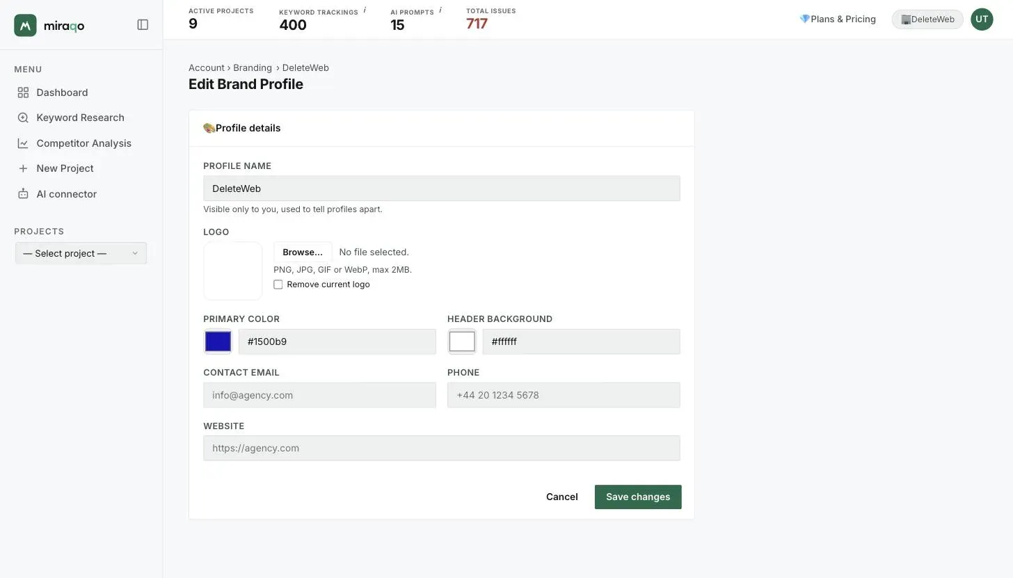 The Edit Brand Profile form: Profile name, Logo with Browse and Remove current logo, Primary colour and Header background with the colour picker and hex code, Contact email, Phone, Website and Save changes