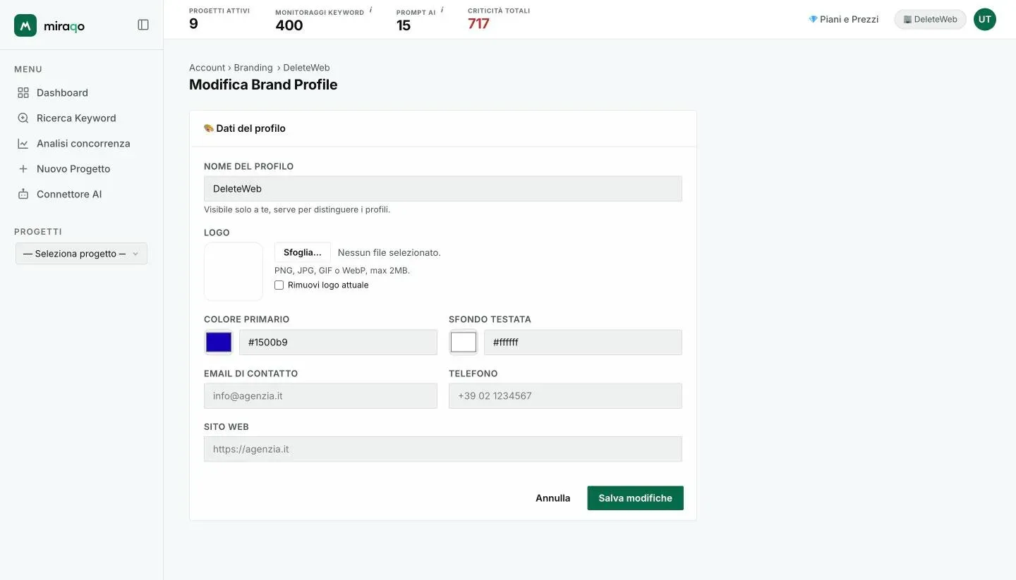 Il form Modifica Brand Profile: Nome del profilo, Logo con Sfoglia e Rimuovi logo attuale, Colore primario e Sfondo testata con il selettore colore e il codice hex, Email di contatto, Telefono, Sito web e Salva modifiche